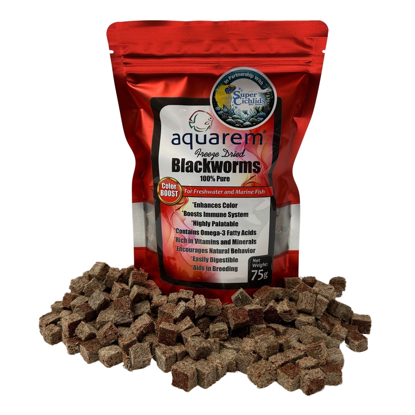 Premium Freeze Dried Blackworms | Super Cichlids Color Boost (75g) Super Cichlids