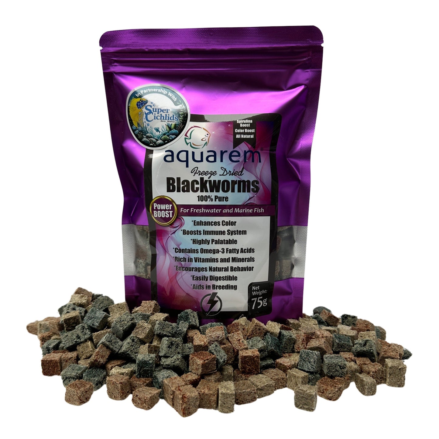 Premium Freeze Dried Blackworms | Super Cichlids Power Boost Mix (75g) Super Cichlids