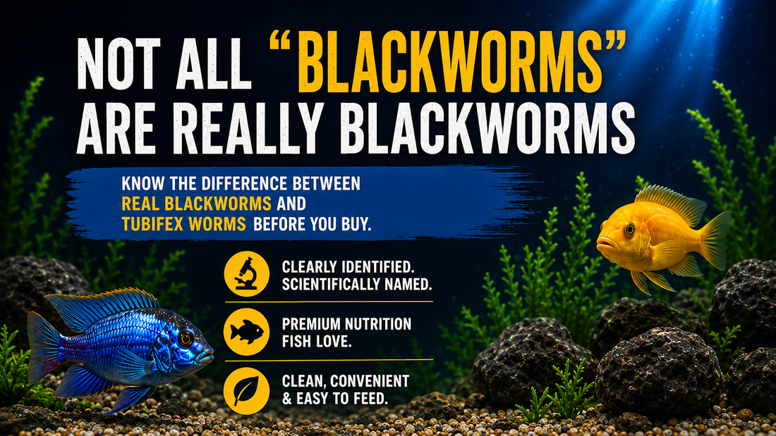 Super Cichlids blog banner warning that tubifex worms are sometimes mislabeled as blackworms in aquarium fish food.